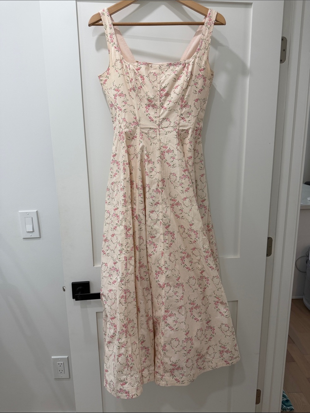 House of CB Mariabella lace up stretch cotton dress vintage floral Cream M - Picture 7 of 9